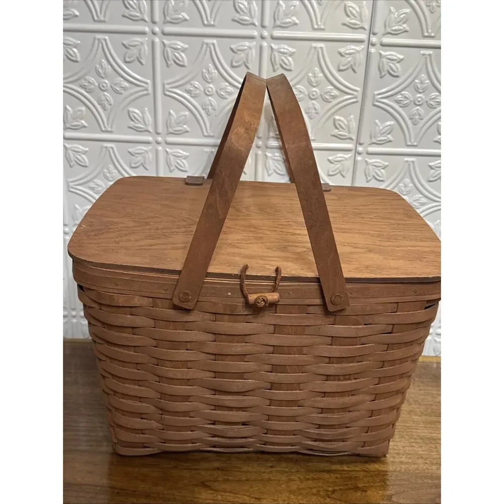 Longaberger Large Picnic Basket w/Liner, Riser Swing Lid & 2Handles Handmade US